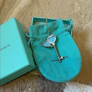 Tiffany & Co. Silver Key Necklace with Blue Enamel Hearts